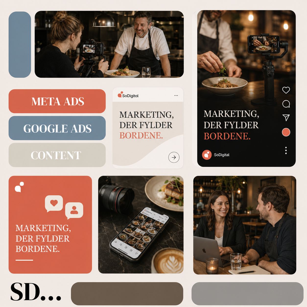 SoDigital marketing collage for restauranter med Meta Ads, Google Ads, content og sociale medier